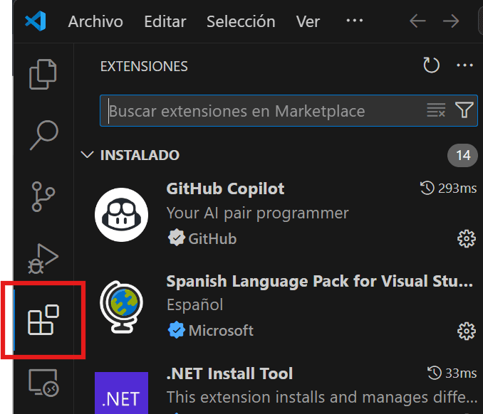 Imagen de la barra lateral izquierda en VS Code con el icono de Extensiones resaltado