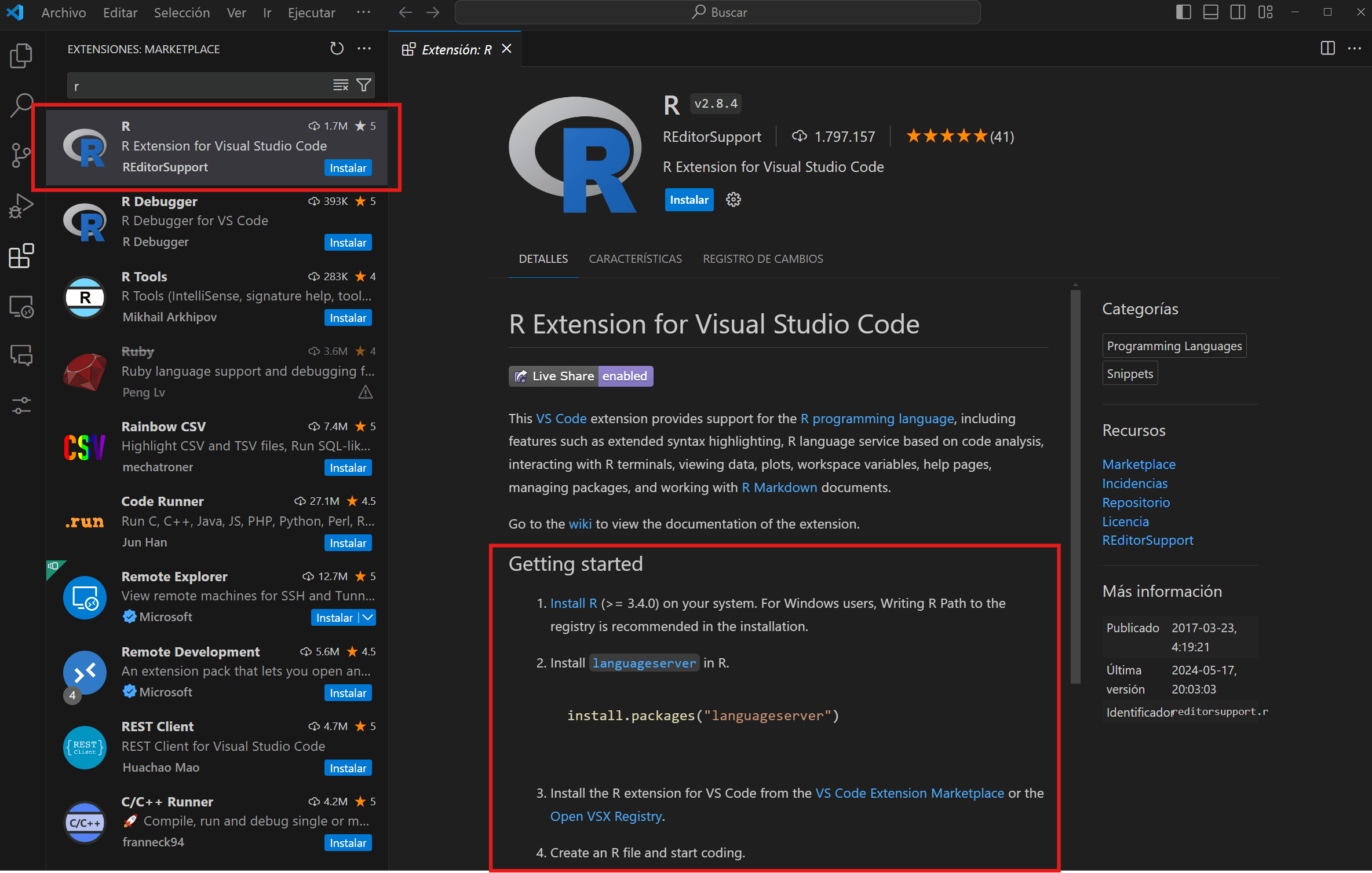 Imagen de la búsqueda de la extensión "R" en el marketplace de VS Code