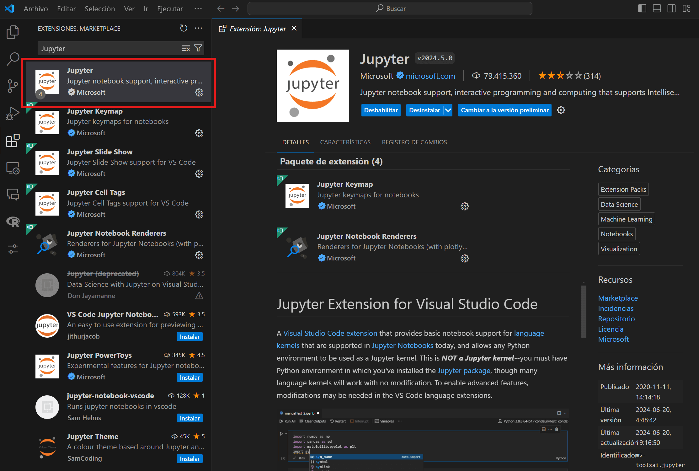 Imagen de la búsqueda de la extensión "Jupyter" en el marketplace de VS Code