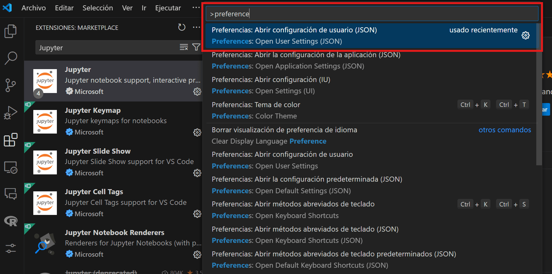 Imagen de la paleta de comandos con "Preferences: Open Settings (JSON)" seleccionado