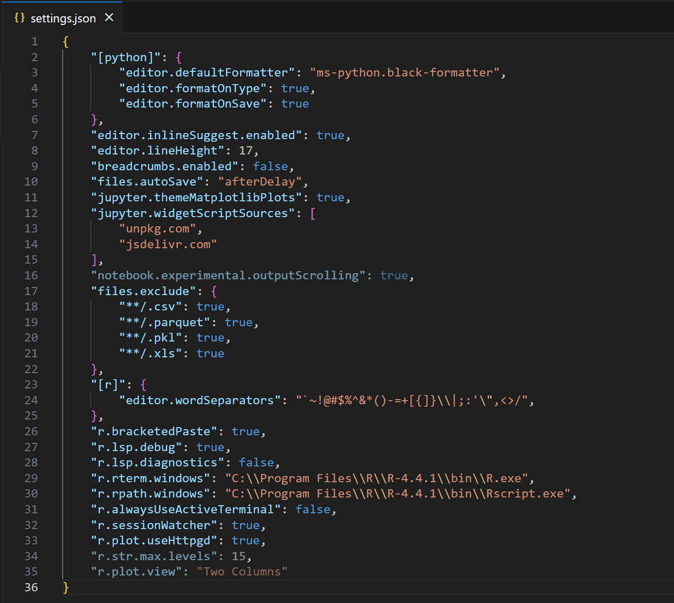 Imagen del archivo settings.json con la configuración de R agregada