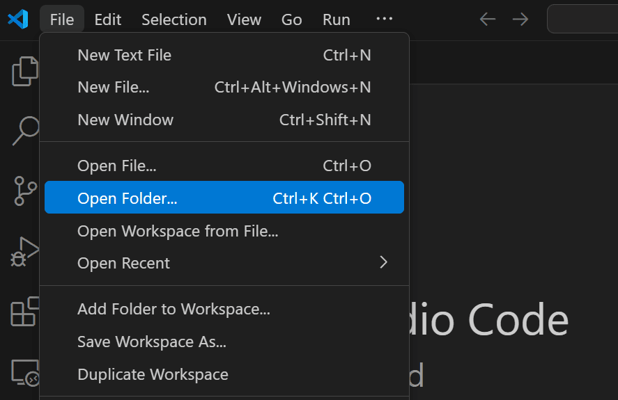 Imagen del menú de VS Code con la opción "Open Folder" resaltada