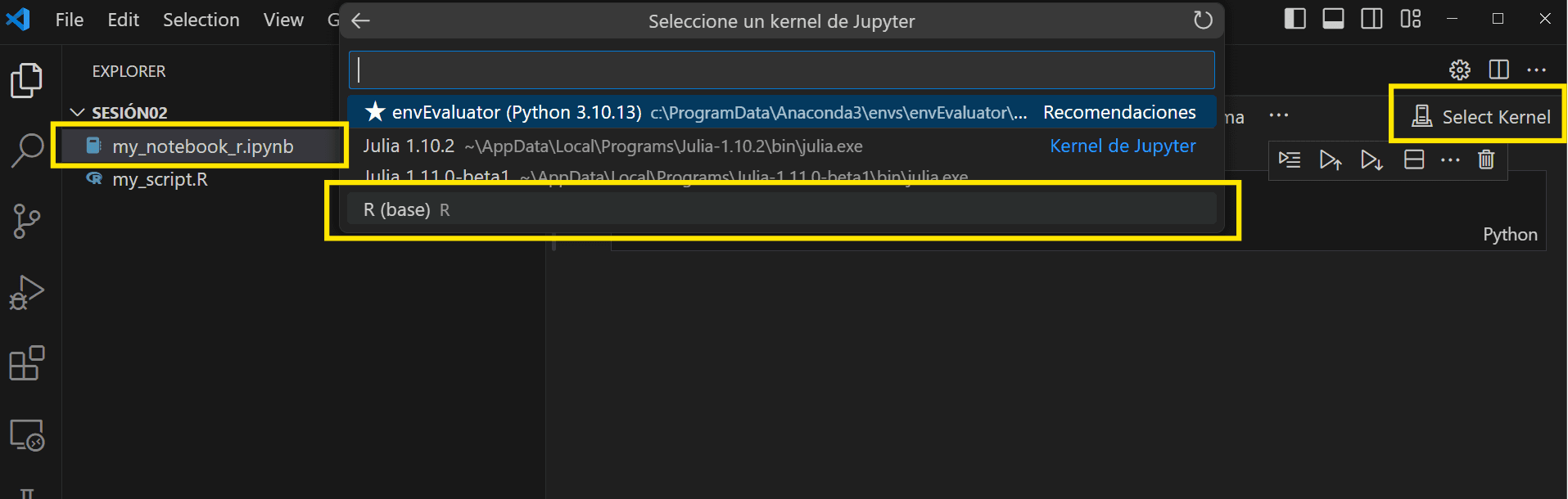 Imagen de la selección del kernel R en Jupyter Notebook